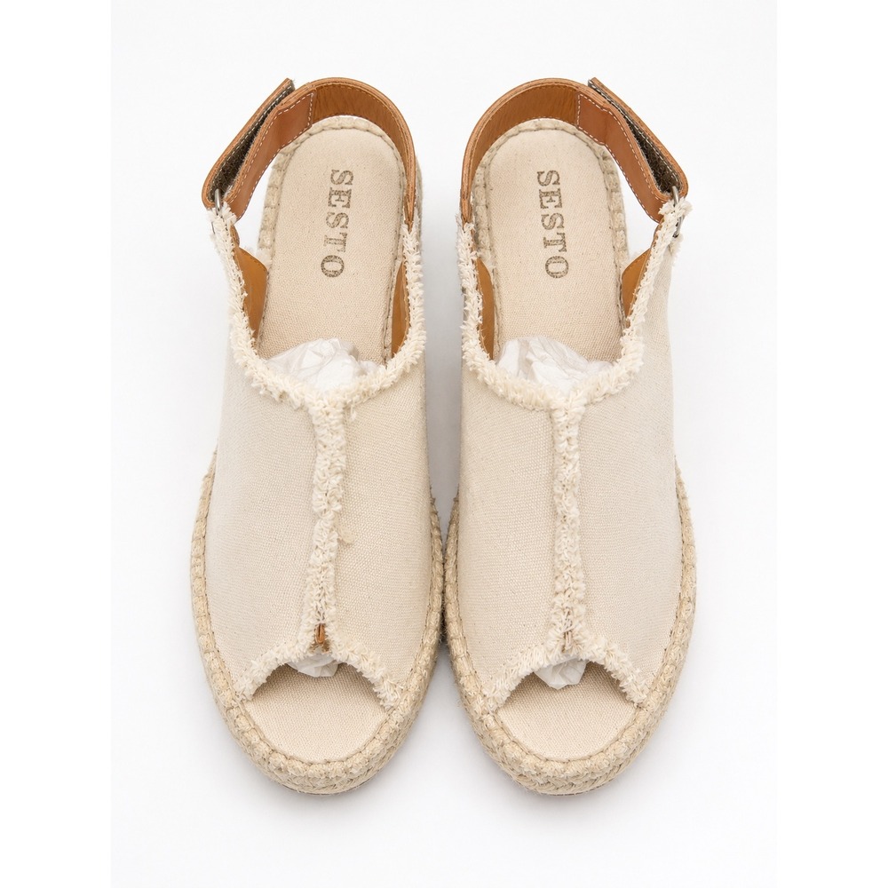 Sesto Meucci Womens Frayed Canvas Espadrille Wedge Sandals Cream Spain Size 6